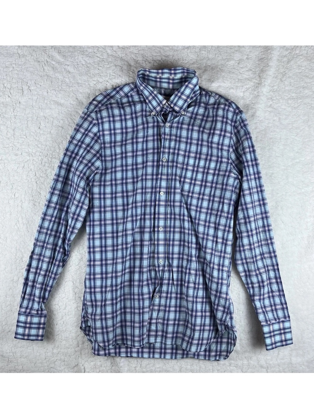 Alain Paine Mens Med Blue Pink Madras Plaid Button Up Shirt London Cotton